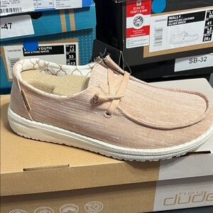 Hey Dude womens Slip-On Loafers - neutral peach with sparkles.